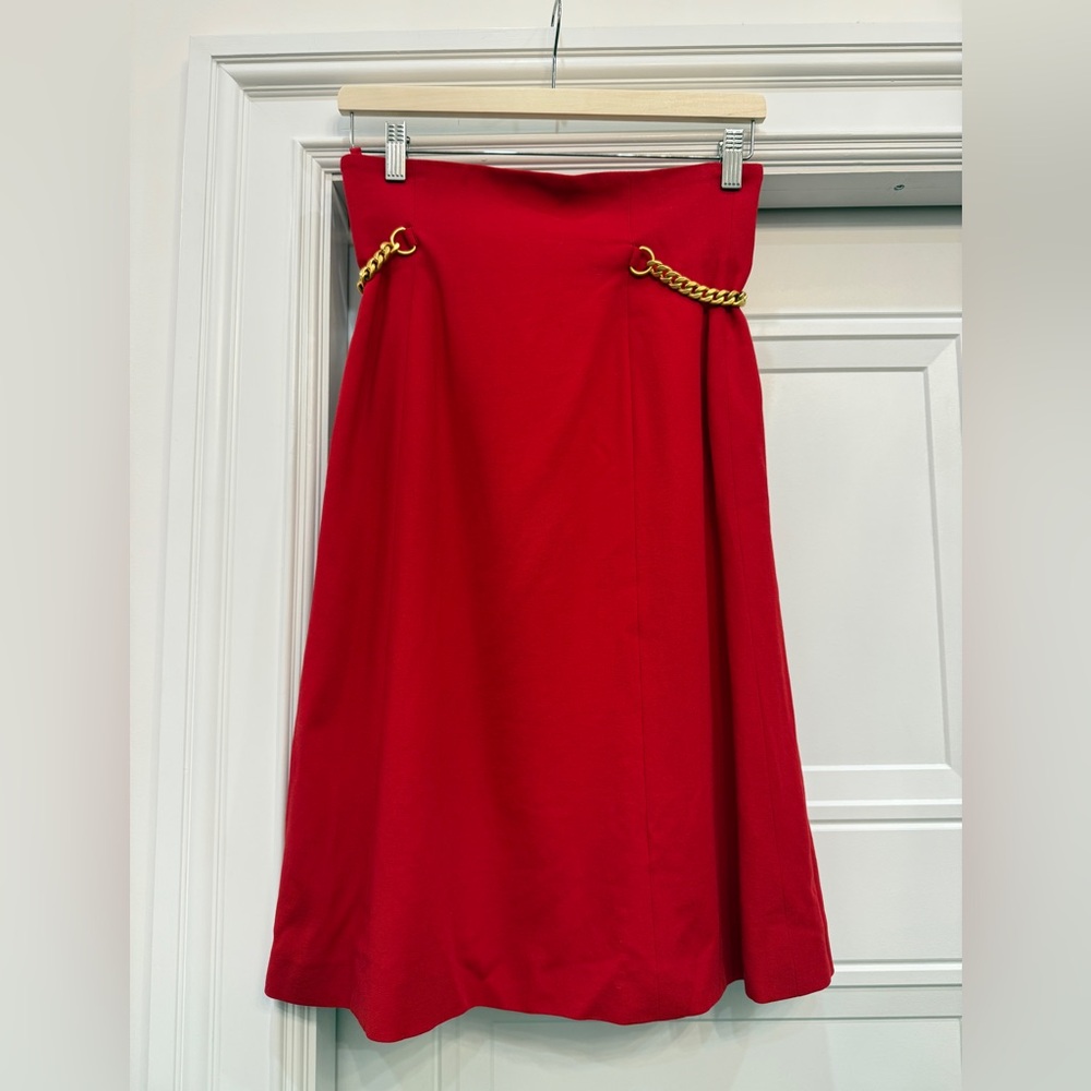 VINTAGE CELINE PARIS RED WOOL PENCIL SKIRT WITH CHUNKY GOLD CHAIN ACCENTS 8
